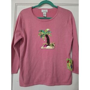 CB‎ Collections Pink Beaded Tropical Christmas Sweater Size Medium Palm Tree